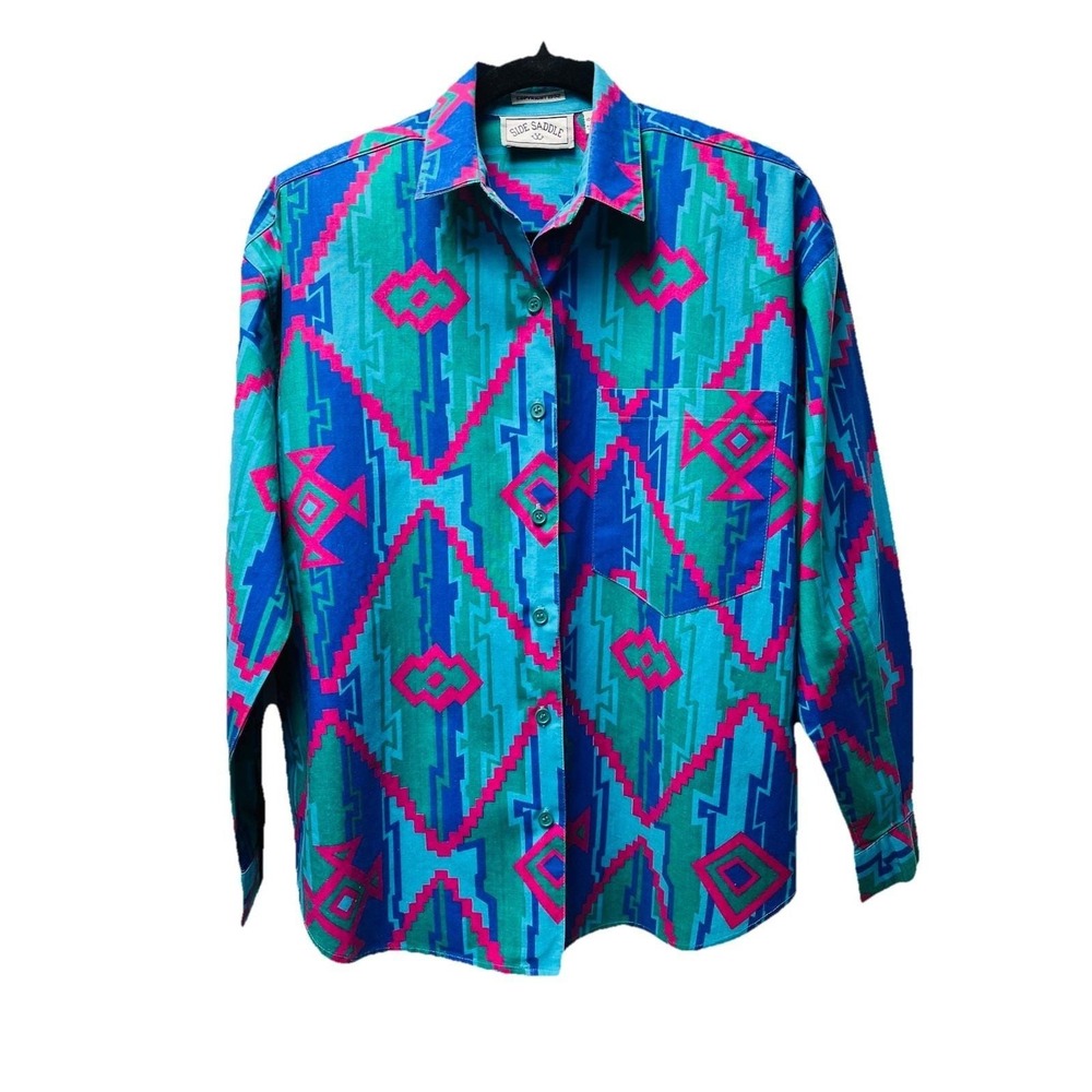 VTG 1992 Side Saddle Women's M Blue Western Shirt Aztec Rodeo Southwest Cowgirl